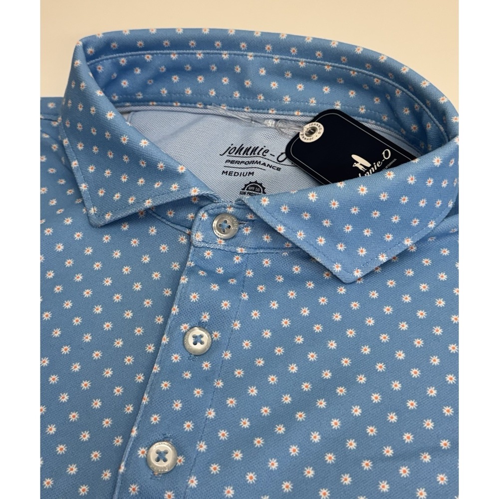 NWT Johnnie-O PLUMERIA Dotted Print  Golf Polo Shirt Palisades Blue MEDIUM $110